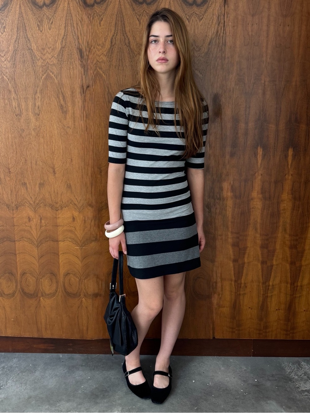 Planet Gold Black and Gray Striped Knit Mini Dress